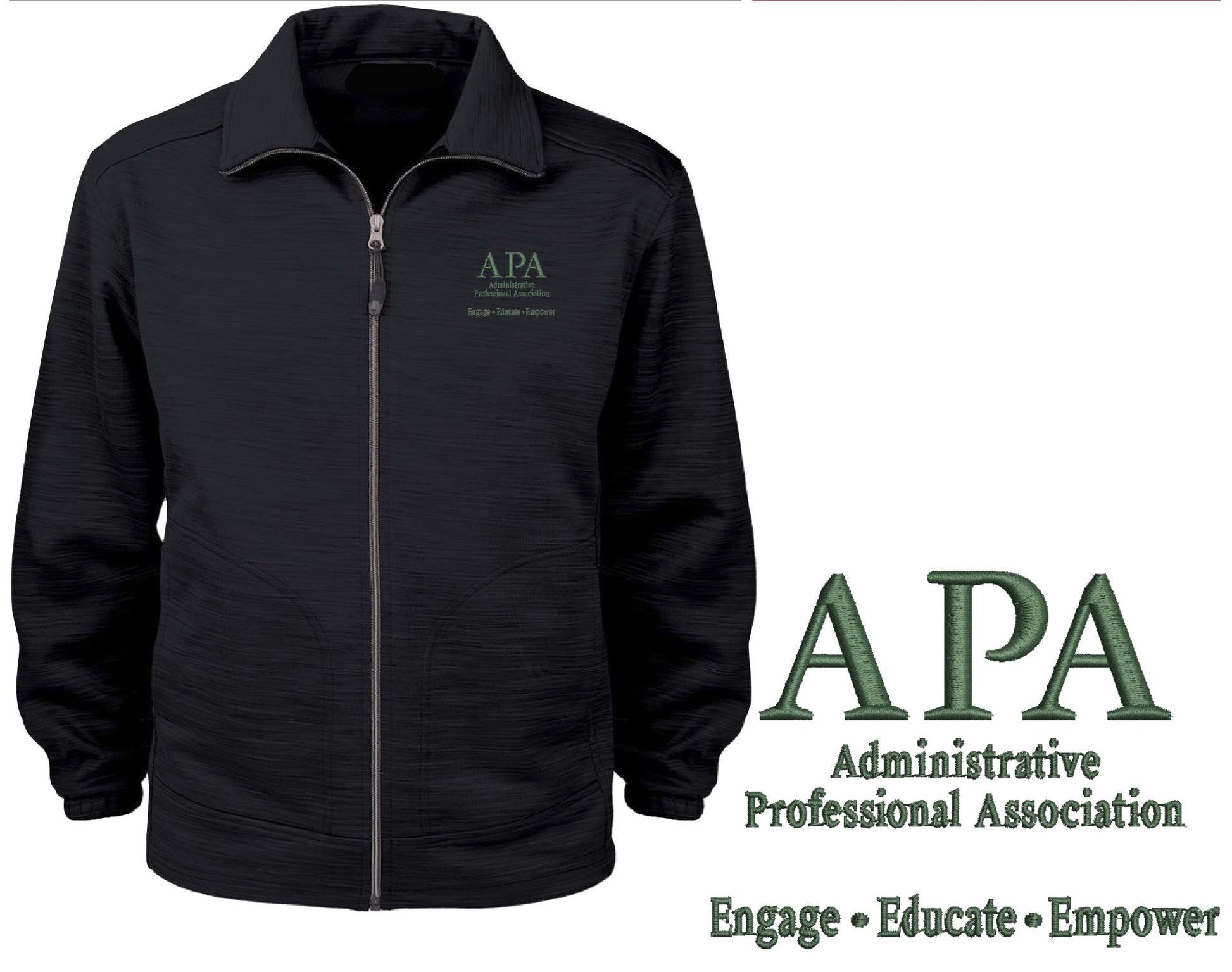 Black jacket with APA logo on a product placement proof sheet.