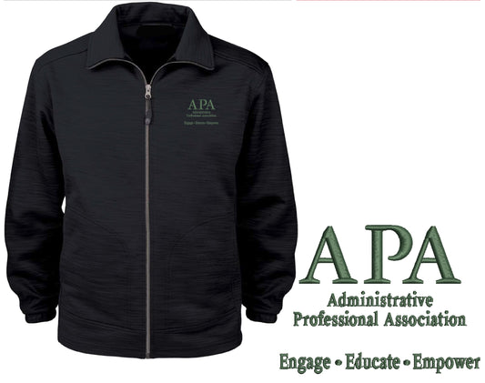 Black jacket with APA logo on a product placement proof sheet.