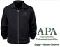 Black jacket with APA logo on a product placement proof sheet.