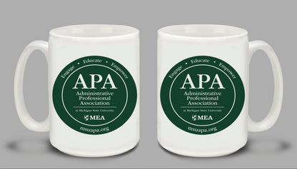 Two white mugs with green 'APA Administrative Professional Association' logos on a gray background.