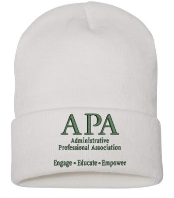 White beanie with green embroidered text on a white background