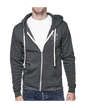 Person wearing a gray hoodie with a brand logo on a white background