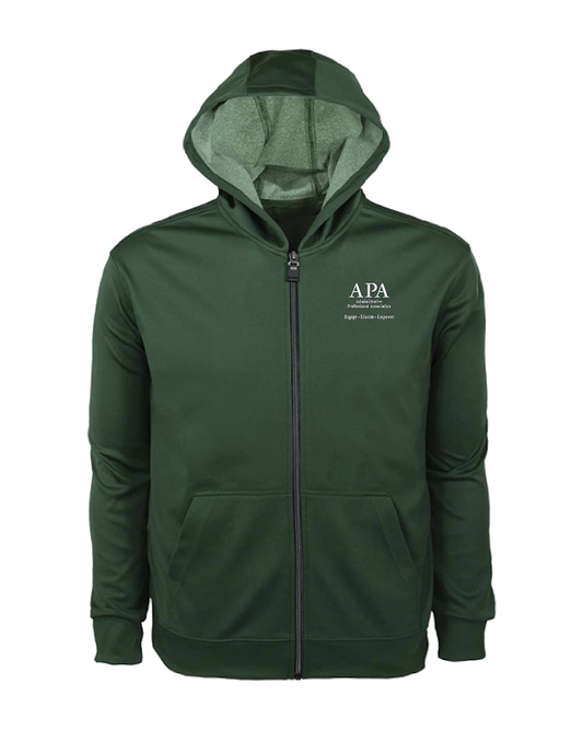 Green hoodie with a logo on a white background