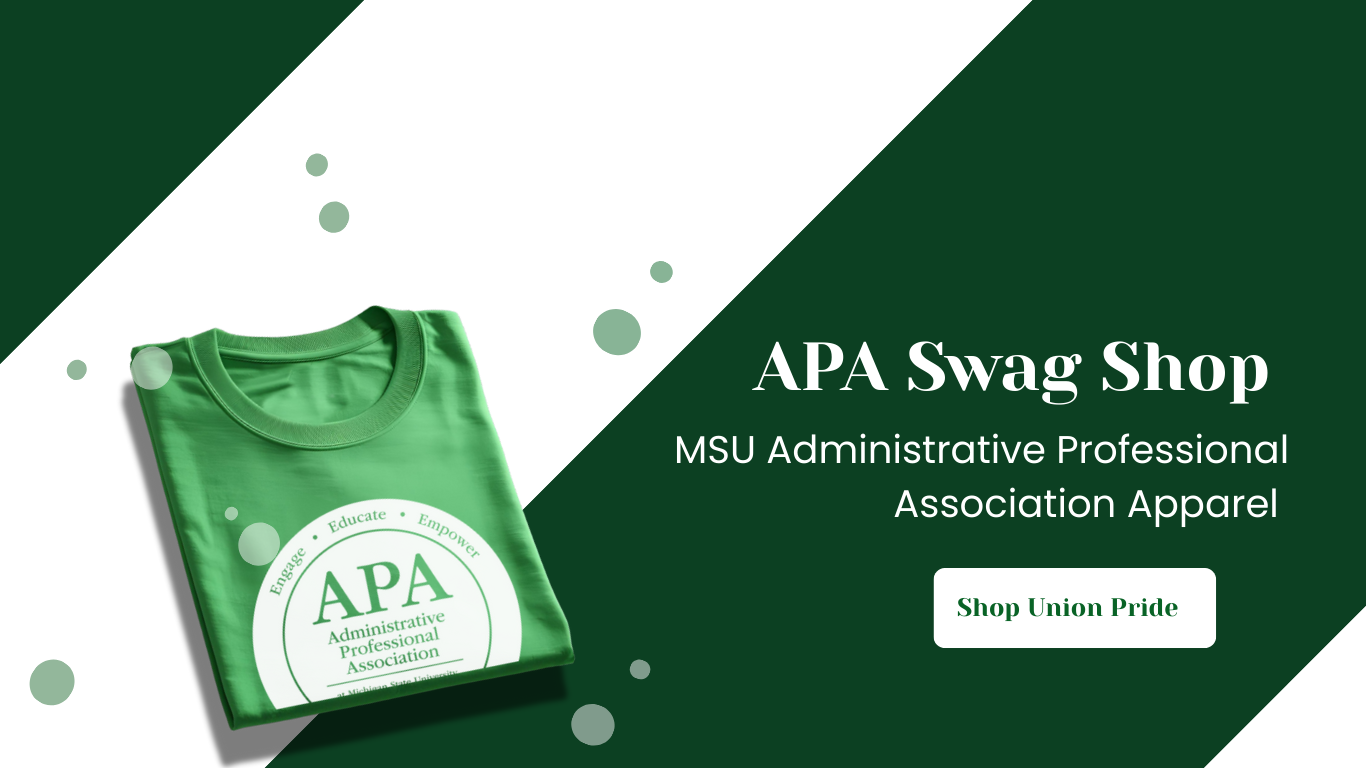 Green t-shirt with APA logo on a green and white background, featuring text about MSU Administrative Professional Association Apparel.