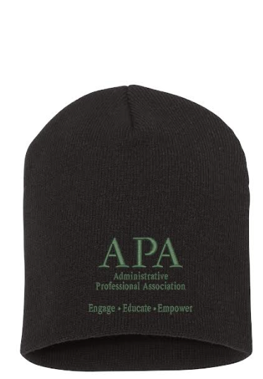 Black beanies with APA logo and text on a white background