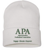 White beanie with green embroidered text on a white background