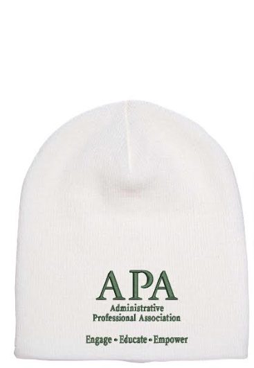 White beanie with APA logo and text on a white background