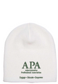 White beanie with APA logo and text on a white background