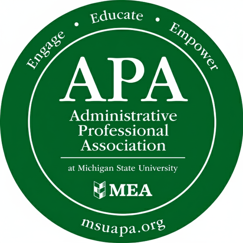 Logo of the Administrative Professional Association at Michigan State University with green and white colors.